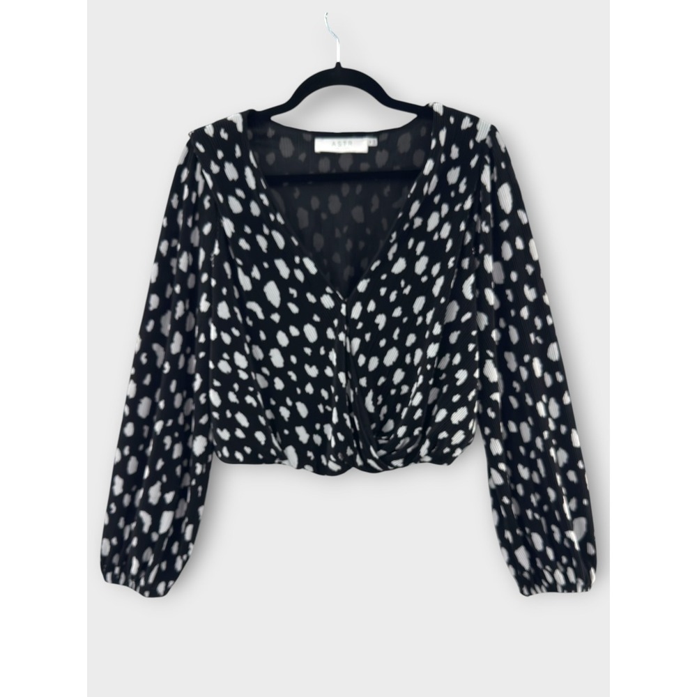 ASTR The Label Ribbed Dalmatian Wrap Blouse Surplice Women's Size M Black White - Picture 3 of 14